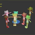 Colorful Toy Figures With Green Hair White Shirts Orange Shorts Red Shoes On Blue Platform