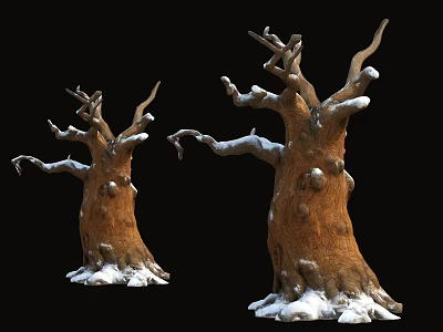 Two Leafless Trees In Snow Covered Tree Pit With Black Background 3d model