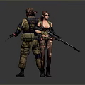 Man in tactical combat gear posing with woman holding rifle and military equipment