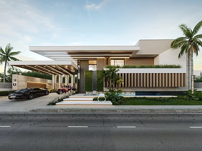Modern Detached Villa Exterior Design With Palm Trees Driveway Car And Swimming Pool 3d model