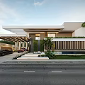 Modern Detached Villa Exterior Design With Palm Trees Driveway Car And Swimming Pool