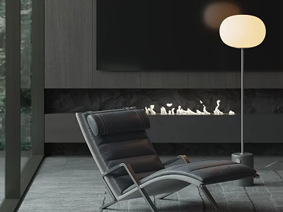 Modern Black Leather Lounge Chair In Minimalist Interior With Floor Lamp Fireplace And Window Trees 3d model