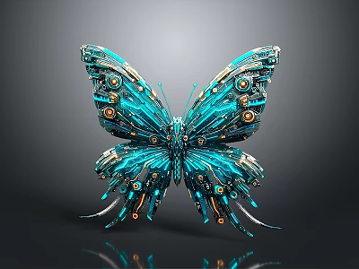 Detailed Blue Mechanical Butterfly with Metallic Parts Glowing Accents Intricate Structure and Dark Background Reflection 3d model