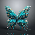 Detailed Blue Mechanical Butterfly with Metallic Parts Glowing Accents Intricate Structure and Dark Background Reflection
