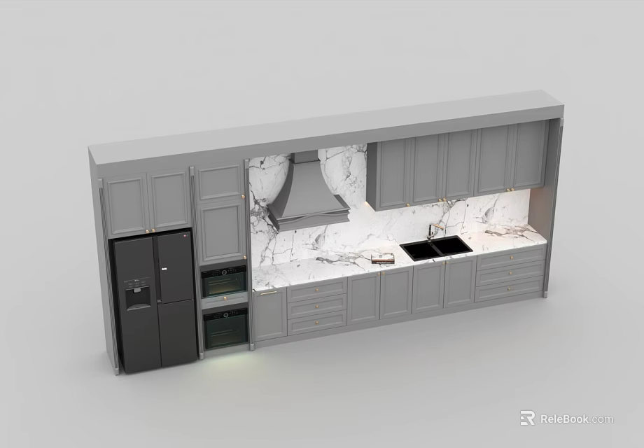 Modern Kitchen With Gray Cabinets Marble Countertop Range Hood And Refrigerator 3d model 