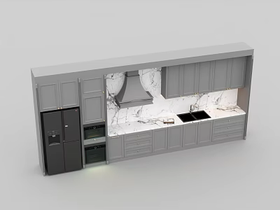 Modern Kitchen With Gray Cabinets Marble Countertop Range Hood And Refrigerator 3d model