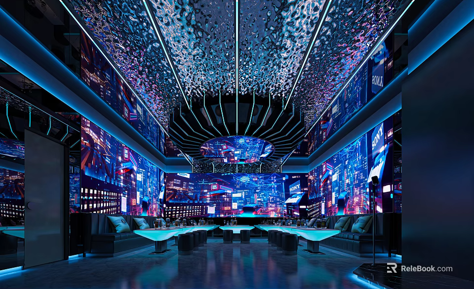 Modern Luxurious KTV Interior Design With High Tech Lighting Large Screens And Plush Sofas 3d model 