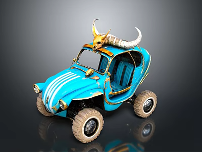 Unique Blue Cartoon Style Off Road Vehicle With Animal Skull Roof Decoration And Large Tires 3d model