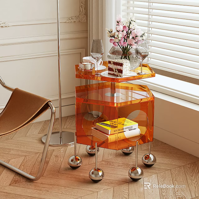 Orange Acrylic Decorative Side Table With Wheels Flowers Wine Glasses Cake And Books 3d model 