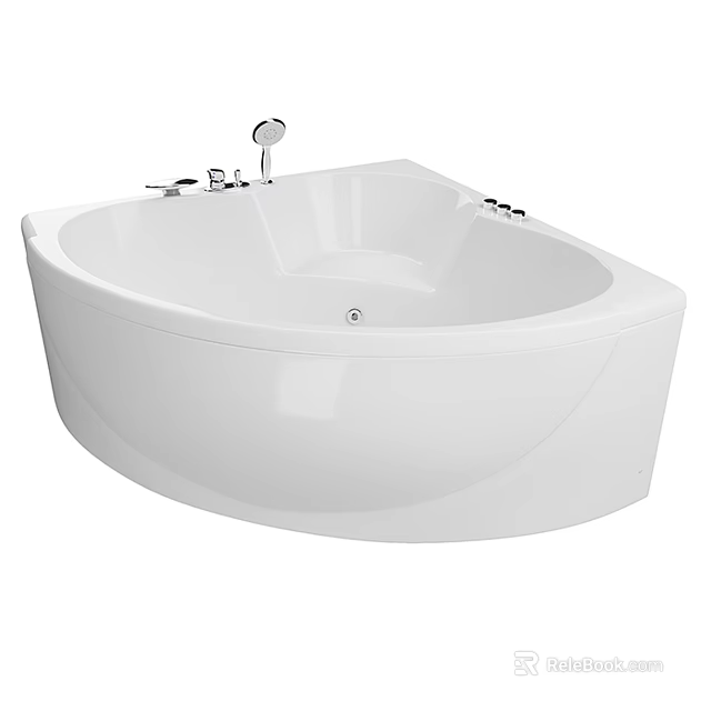 Modern Corner White Bathtub With Sleek Surface Faucet and Showerhead Design 3d model 
