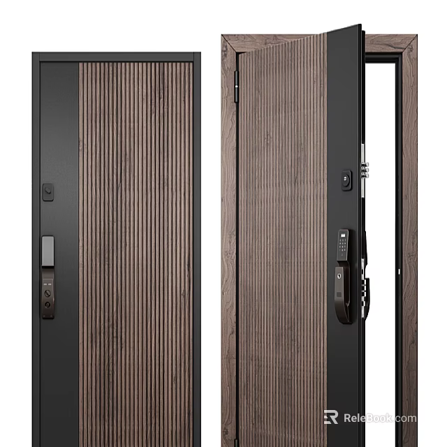 Modern Security Door with Wooden Texture Panel Black Frame and Secure Door Lock 3d model 