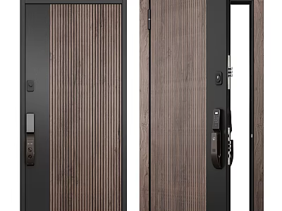 Modern Security Door with Wooden Texture Panel Black Frame and Secure Door Lock 3d model