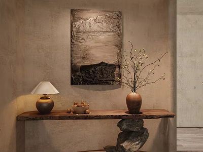 Rustic Entryway Decor with Wooden Console Table Wall Art Vase and Lamp 3d model