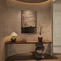 Rustic Entryway Decor with Wooden Console Table Wall Art Vase and Lamp 3d model