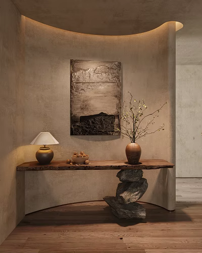 Rustic Entryway Decor with Wooden Console Table Wall Art Vase and Lamp 3d model