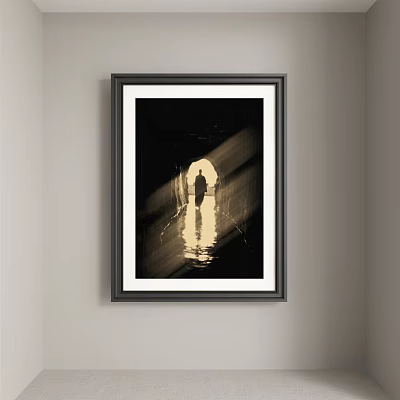 Framed Abstract Painting Interior With Silhouette In Tunnel Light Rays And Water Reflection 3d model