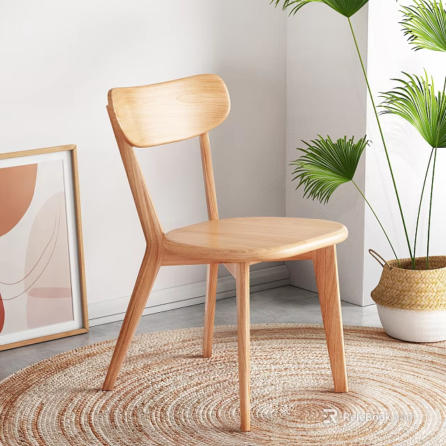 Simple Modern Wooden Single Chair In Interior With Round Woven Rug Green Plant Abstract Artwork 3d model 