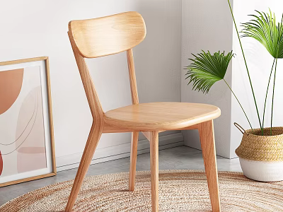 Simple Modern Wooden Single Chair In Interior With Round Woven Rug Green Plant Abstract Artwork 3d model