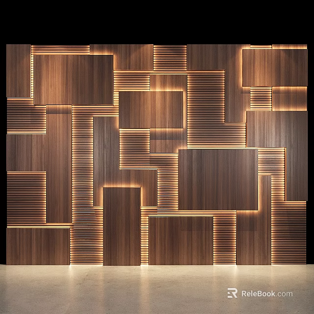 Modern Wooden Wall Design With Geometric Panels And Integrated Lighting Effects 3d model 