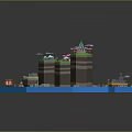 Cartoon Scene With Island Multiple Regions Green Grass Stones Small Buildings And Blue Water