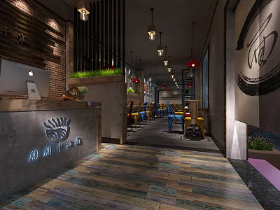 Rustic Industrial Restaurant Interior With Colorful Chairs Hanging Lights Green Plants And Tiled Floor 3d model
