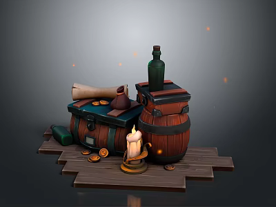 Vintage Scene Composition With Wooden Barrels Green Bottle Rolled Scroll Lit Candle And Gold Coins 3d model