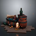 Vintage Scene Composition With Wooden Barrels Green Bottle Rolled Scroll Lit Candle And Gold Coins