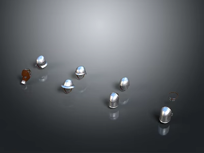 Shiny Silver Metal Bullets Scattered On Gray Background With Clear Reflections 3d model