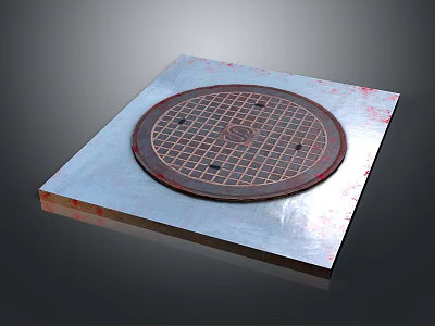 Circular Metal Manhole Cover On Square Concrete Platform With Grid Pattern 3d model
