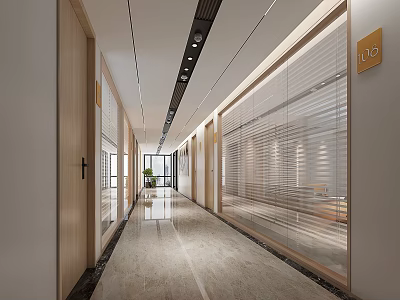 Modern Office Corridor Interior Design With Glass Partitions Wooden Doors And Marble Floor 3d model