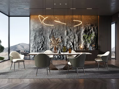 Elegant Modern Restaurant Interior With Dining Table Chairs Textured Wall Pendant Lights And Mountain View 3d model