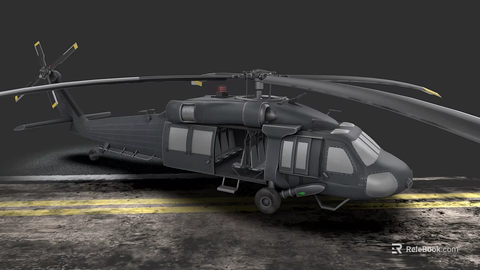 Black Helicopter With Open Door And Rotors Parked On Ground Surface 3d model 