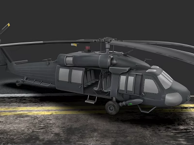 Black Helicopter With Open Door And Rotors Parked On Ground Surface 3d model