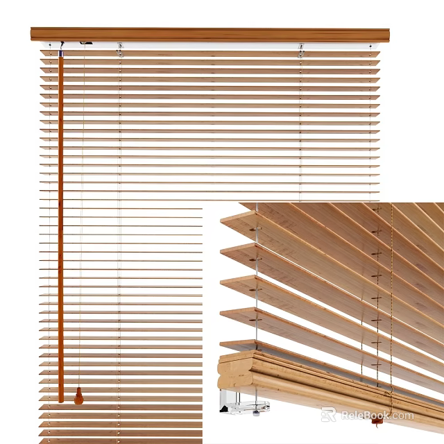Wooden Window Blinds With Adjustable Slats And Natural Wood Texture 3d model 