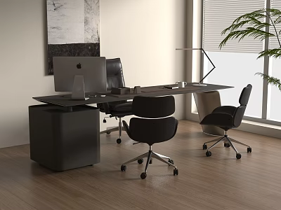Modern Office Desk Interior with Computer Two Chairs Table Lamp Wall Art and Wooden Floor 3d model