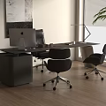 Modern Office Desk Interior with Computer Two Chairs Table Lamp Wall Art and Wooden Floor