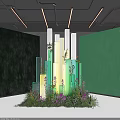 Vibrant Indoor Landscape With Colorful Vertical Columns Green Walls And Lush Plants