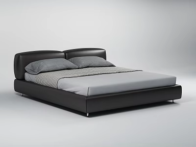 Modern Black Leather Double Bed With Gray Pillows And Striped Bedding Design 3d model