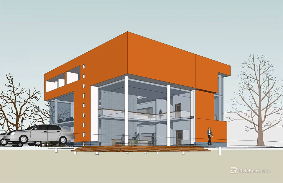 Modern Orange Two Storey Office Building With Large Glass Windows And Exterior View 3d model 