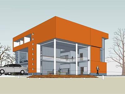 Modern Orange Two Storey Office Building With Large Glass Windows And Exterior View 3d model