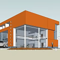 Modern Orange Two Storey Office Building With Large Glass Windows And Exterior View