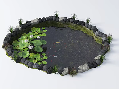 Serene Waterfront Landscape With Circular Pond Stone Edging Water Lilies And Koi Fish 3d model
