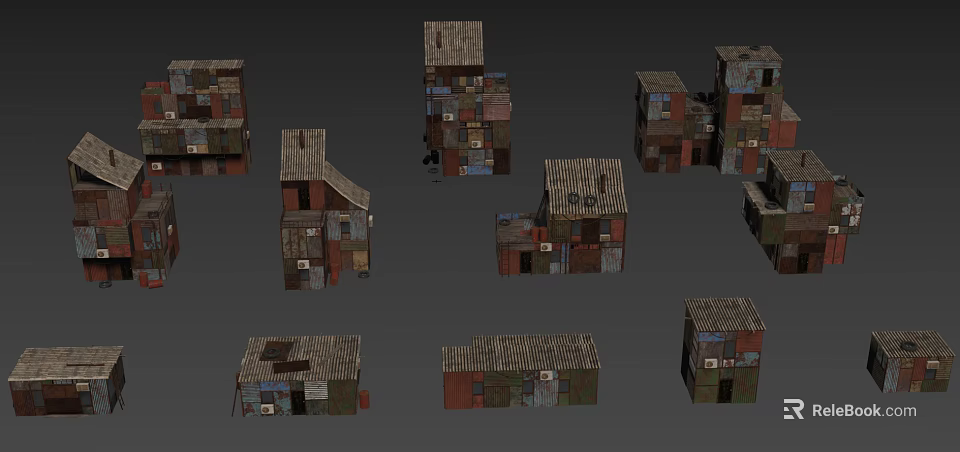 Dilapidated Houses Collection With Patched Roofs Mixed Materials And Irregular Shapes 3d model 