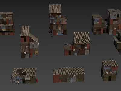 Dilapidated Houses Collection With Patched Roofs Mixed Materials And Irregular Shapes 3d model