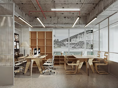 Contemporary Coworking Space With Wooden Desks Ergonomic Chairs And Glass Partitions 3d model