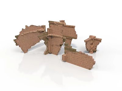 Broken Brick Building Wall Fragments With Weathered Texture And Architectural Details 3d model