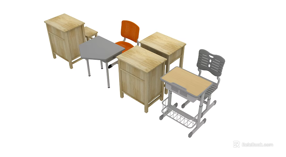 Student Wooden Desks With Drawers And Orange Gray Chairs Multiple Classroom Seats 3d model 