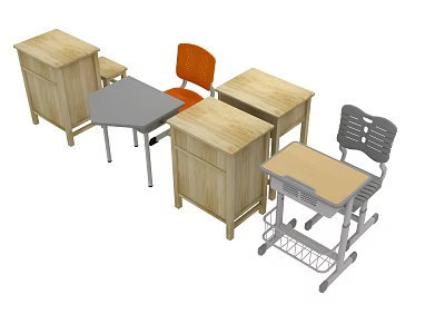 Student Wooden Desks With Drawers And Orange Gray Chairs Multiple Classroom Seats 3d model