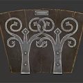 Wooden Decorative Plaque With Silver Metal Tree Like Curved Ornaments And Carved Design