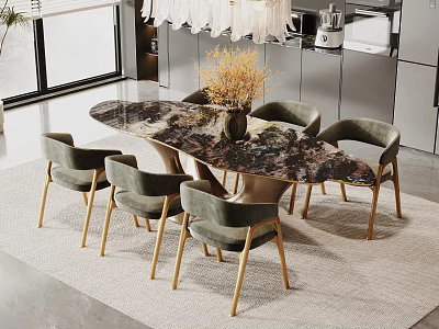 Modern Restaurant Dining Area With Oval Marble Table Grey Chairs Gold Legs And Flower Vase 3d model
